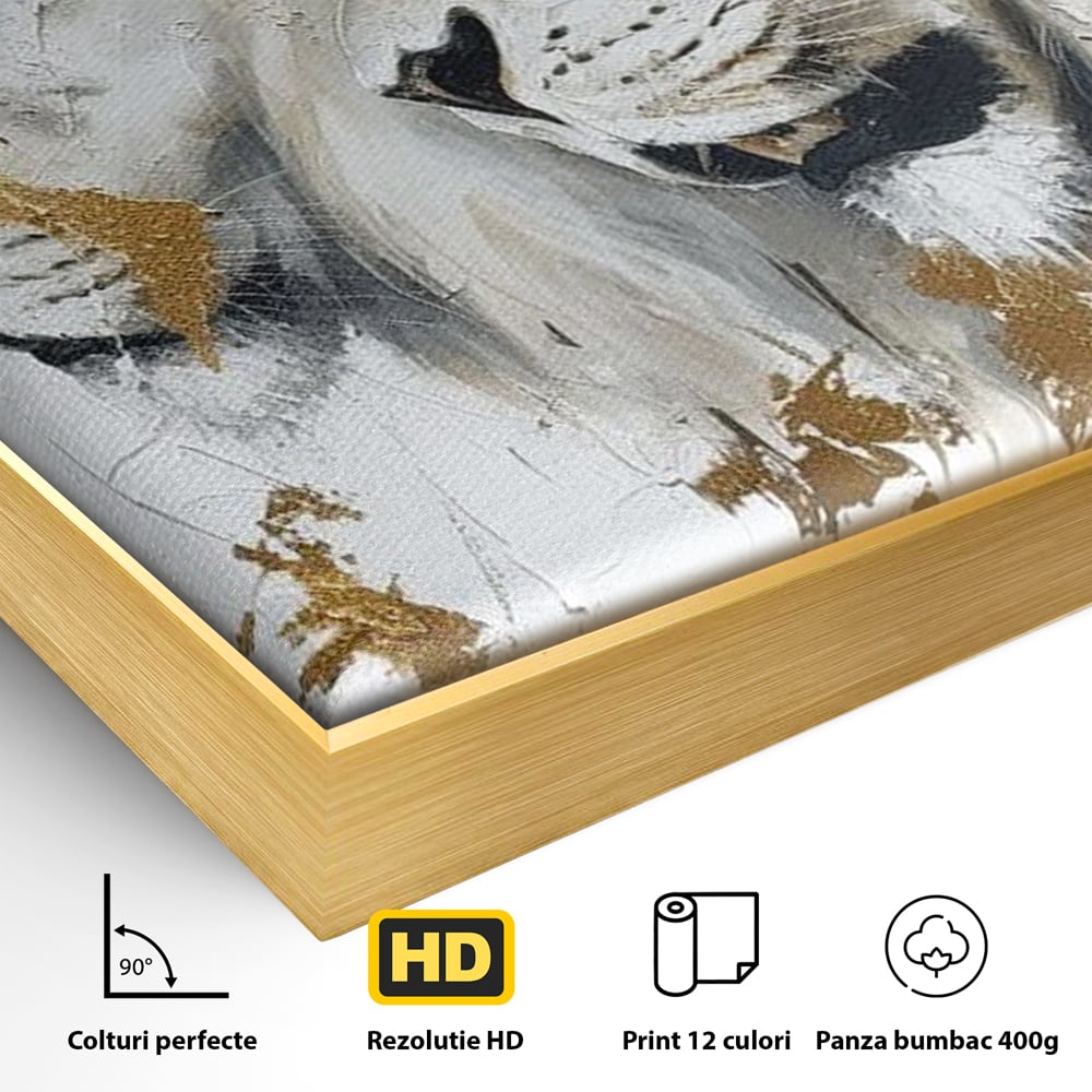 Detaliu al suprafetei: tablou canvas cu doi lei si accente aurii, in rama de aluminiu auriu